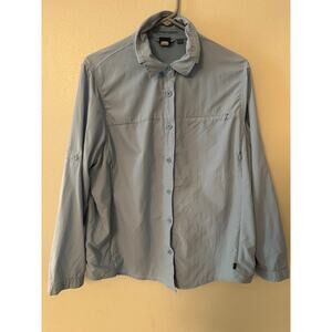 REI light blue long sleeved button up hiking top women's 1X SPF 30